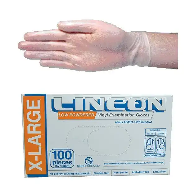 Lincon Vinyl Low Powder Gloves 7.0g Extra Large Clear 100 Box x10