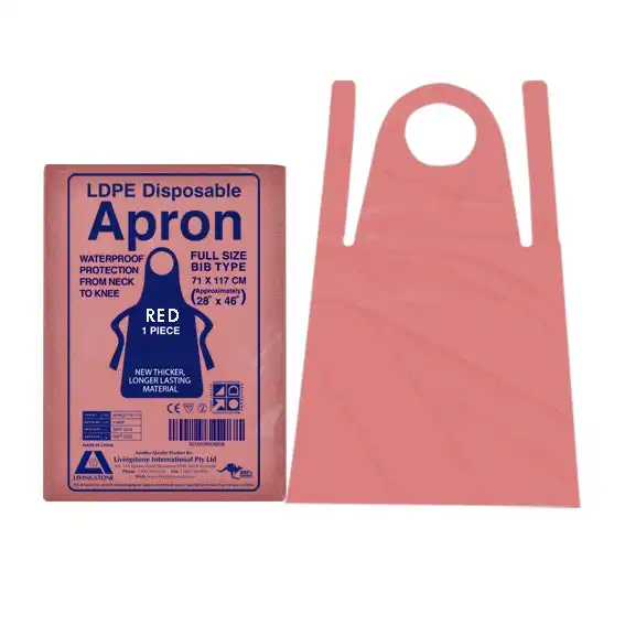 Livingstone Disposable Red Apron Bib Type Recyclable LDPE 71 x 117cm 100 Box