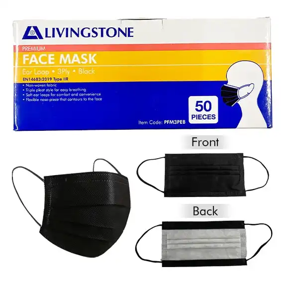 Livingstone Medical Face Mask, L2 Barrier, 3-Ply, TGA 350632, EN14683 Type IIR, ASTM F2100-19, Earloop, Black, Latex Free, 50 Pieces/Box x33