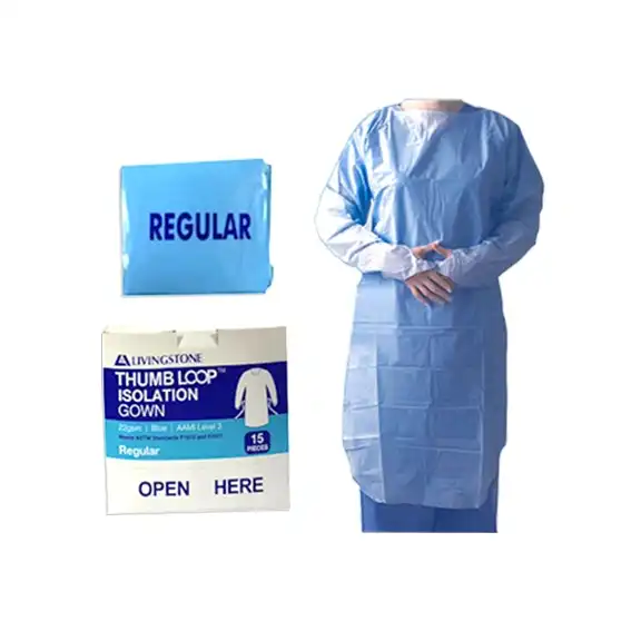 Livingstone Impervious Film Isolation Gown with Tie Thumbs Up Long Sleeve Open Back AAMI Level 3 One Size Blue 75 Carton