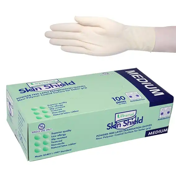 Universal Skin Shield Latex Examination Gloves Powder Free AS/NZ Biodegradable Polymer Coated Textured HACCP Medium Cream 1000/Carton