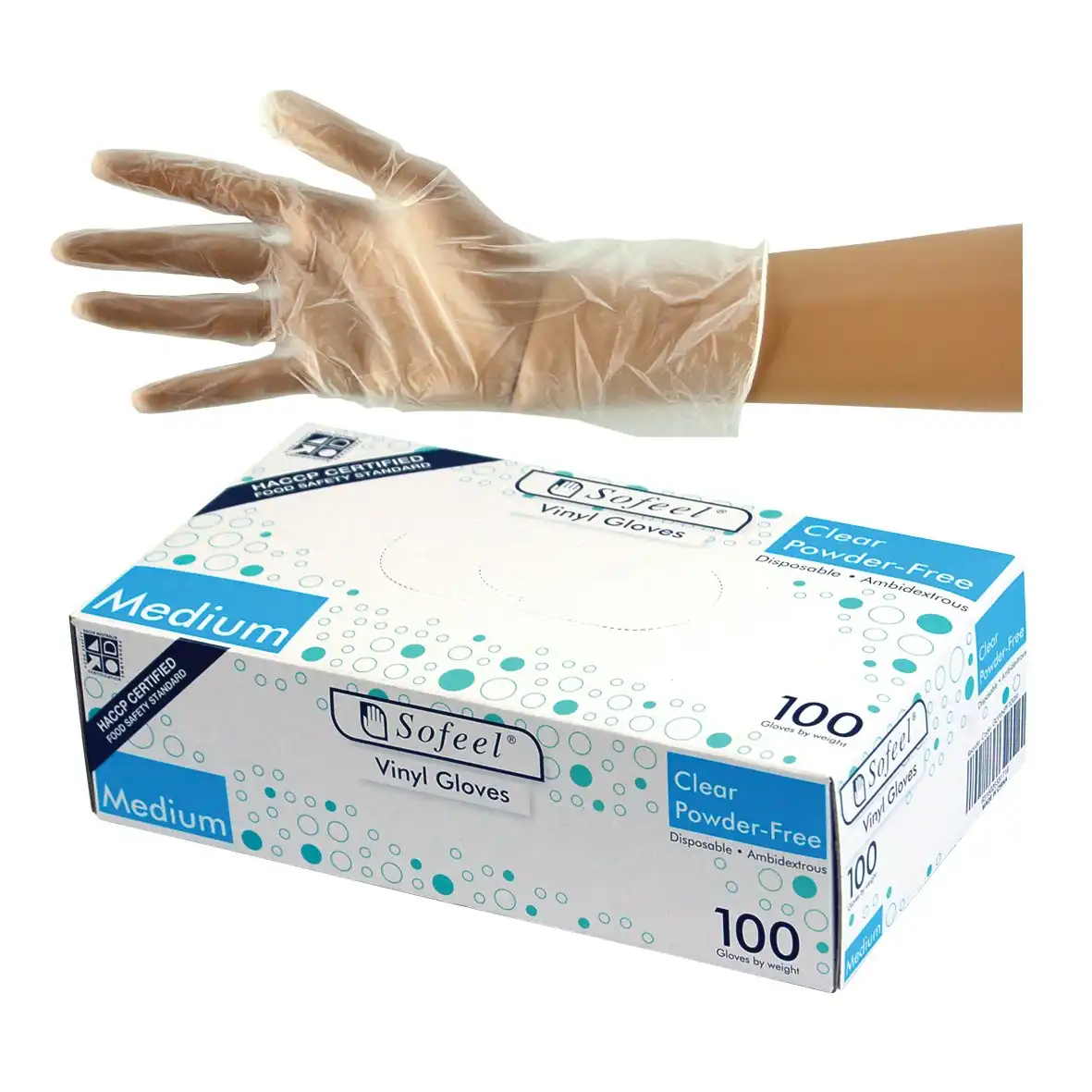 Sofeel Vinyl Gloves 4.5g Powder Free Medium Clear HACCP Grade 100 Box