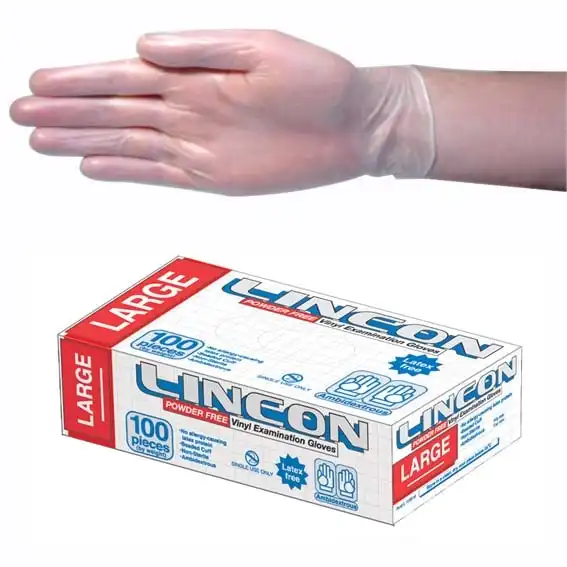 Lincon Vinyl Powder Free Gloves 5.5g Large Clear HACCP Grade 100 Box
