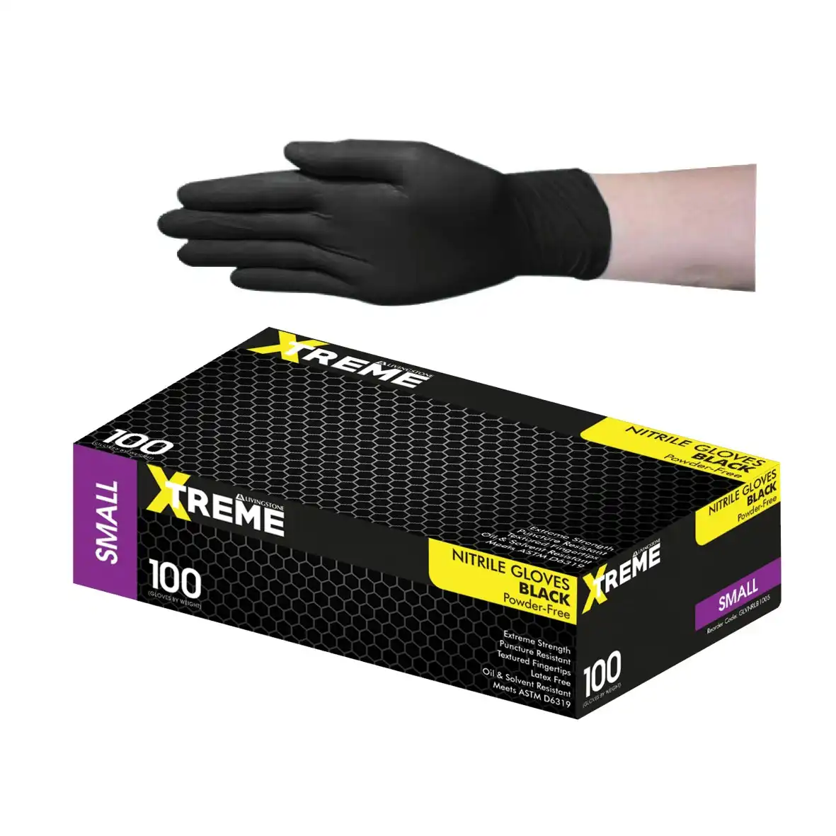 Livingstone Xtreme Thick Heavy Duty Nitrile Gloves, Powder Free, EN374, Small, Black, 100/Box