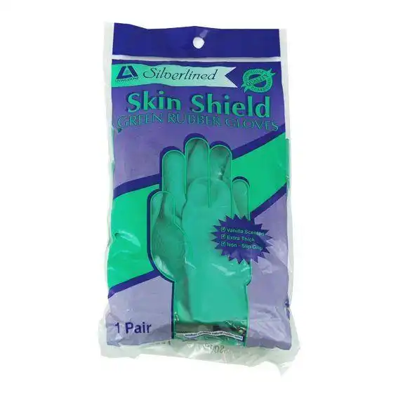 Skin Shield Silver Lined Natural Rubber Gloves Biodegradable Size 9-9.5, Green Vanilla Scent 1 Pair