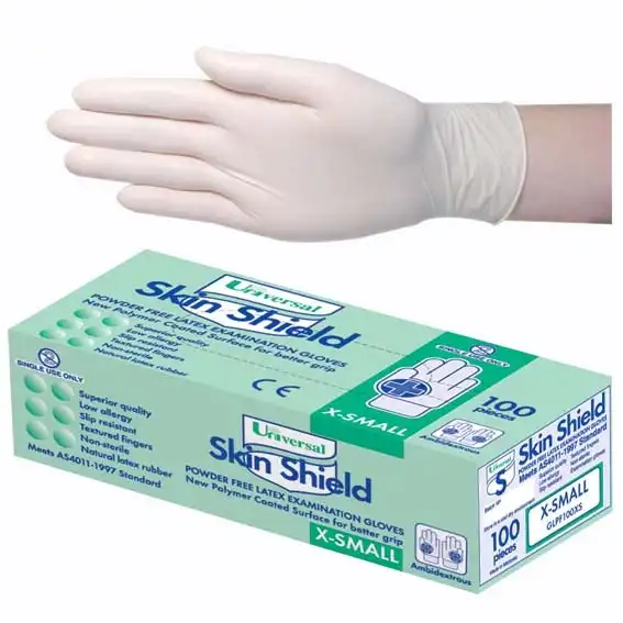 Universal Skin Shield Latex Examination Gloves Powder Free AS/NZ Biodegradable Polymer Coated Textured HACCP XSmall Cream 1000/Carton