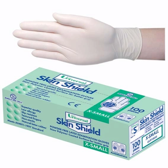 Universal Skin Shield Latex Examination Gloves Powder Free AS/NZ Biodegradable Polymer Coated Textured HACCP XSmall Cream 1000/Carton