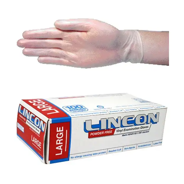 Lincon Vinyl Powder Free Gloves 6.5g Large Clear HACCP Grade 100 Box