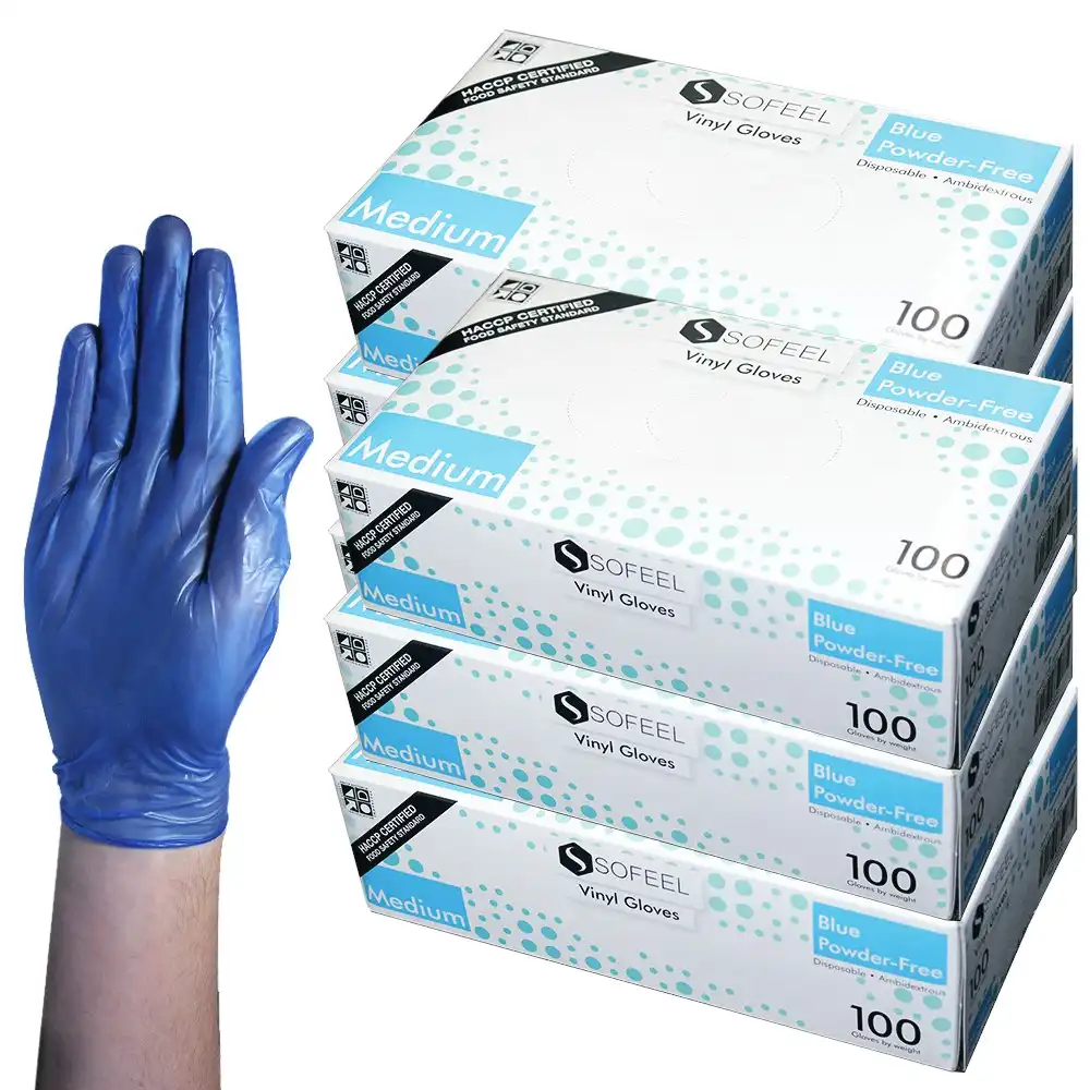 Sofeel Vinyl Gloves Food Safe All Purpose Disposable Powder Free Blue Medium 100 Box x6