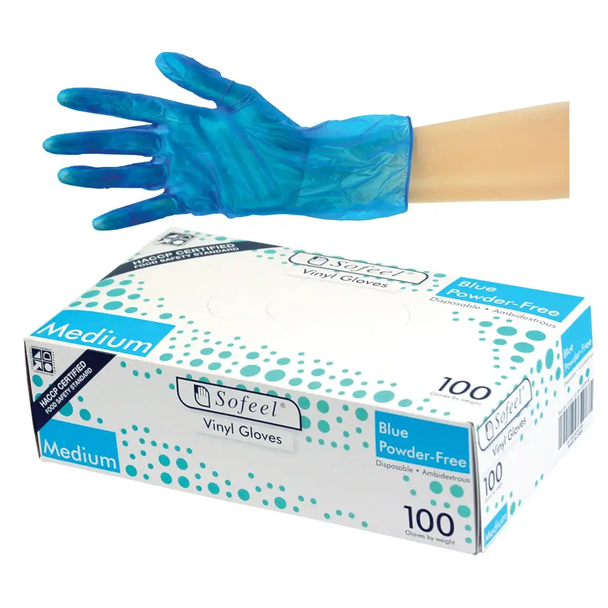 Sofeel Vinyl Powder Free Gloves 4.5g Medium Blue HACCP Grade 100 Box