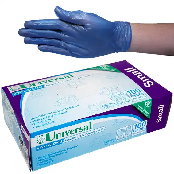 Universal Vinyl Low Powder Gloves 4.5 Small Blue HACCP Grade 100 Box