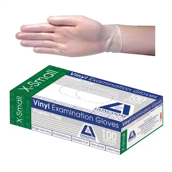Livingstone Vinyl Powder Free Gloves 5.0g Extra Small Clear 100 Box