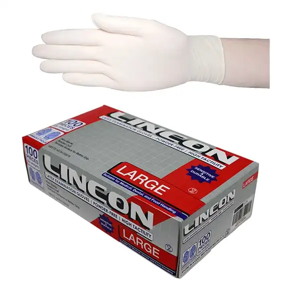 Lincon Latex Powder Free Gloves Large Cream ASTM HACCP Grade 100 Box