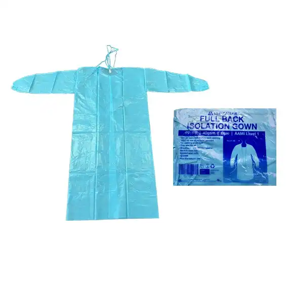 Liv Isolation Gown with Tie, Full Back, Long Sleeve, AAMI Level 1, 40gsm, Nonwoven PP/PE, Blue, 1/Pack, 100/Carton x2