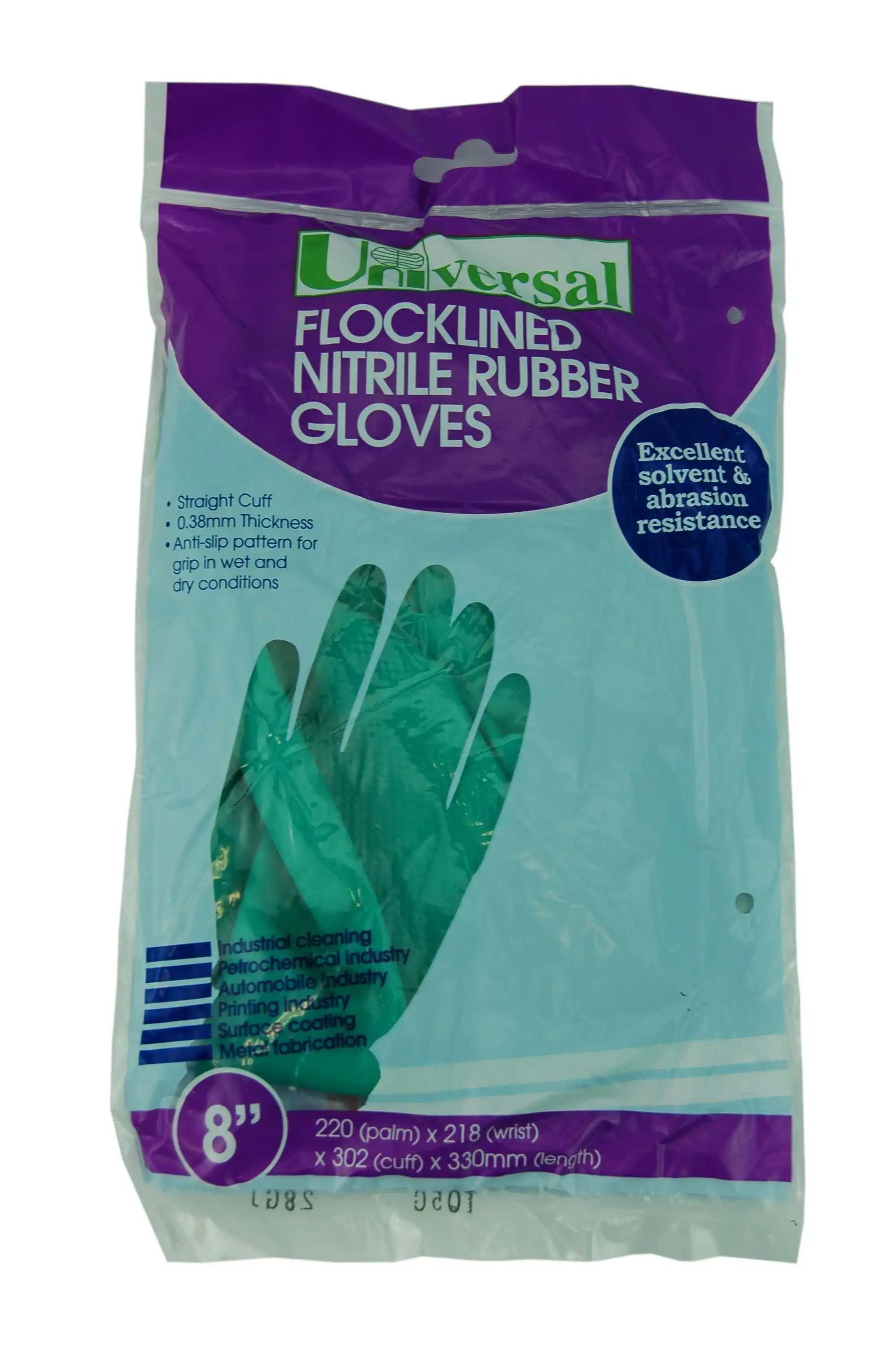 Universal Flocklined Nitrile Gloves, Heavy Duty, EN374, Size 8, 33cm Long, 0.38mm Thick, Green Colour, 1 Pair/Bag, Replaces Solvex x79