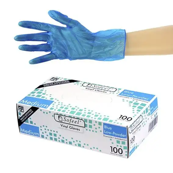 Sofeel Vinyl Low Powder Gloves 4.5g Medium Blue HACCP Grade 100 Box x10