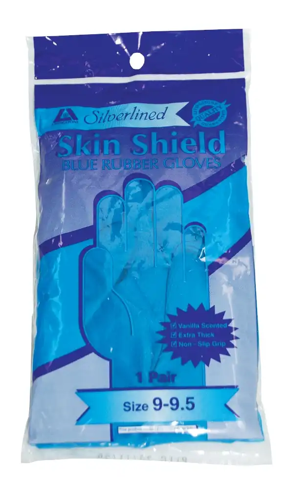 Skin Shield Silver Lined Natural Rubber Gloves Biodegradable Size 9-9.5, Blue Vanilla Scent 1 Pair