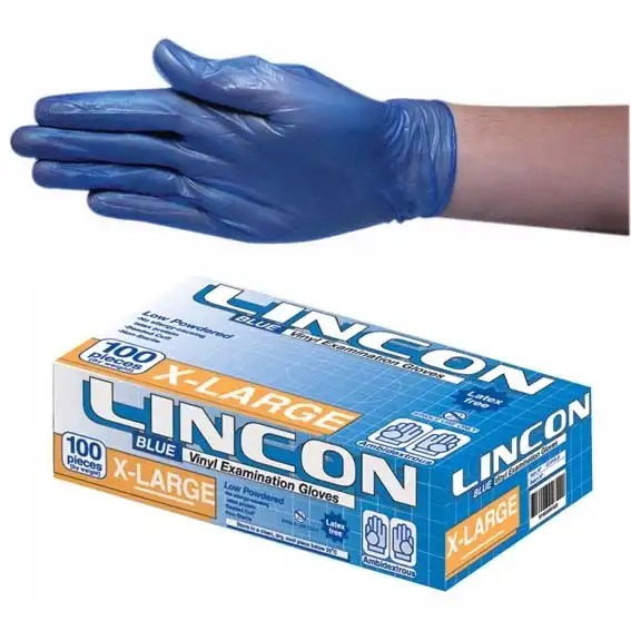 Lincon Vinyl Low Powder Gloves 6.0g Extra Large Blue HACCP Grade 100 Box