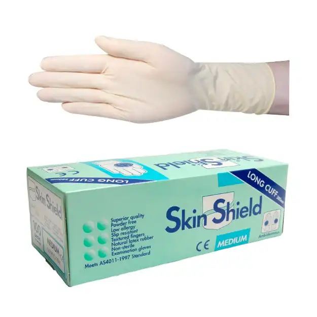 Skin Shield Latex Powder Free Gloves Medium Cream AS/NZ Standard Long Cuff 30cm 100 Box