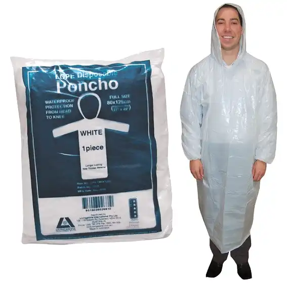 Livingstone Disposable White Poncho Rain Coat Recyclable LDPE Full Length Long Sleeves with Hood & Draw String 80 x 125cm 20um 100 Carton