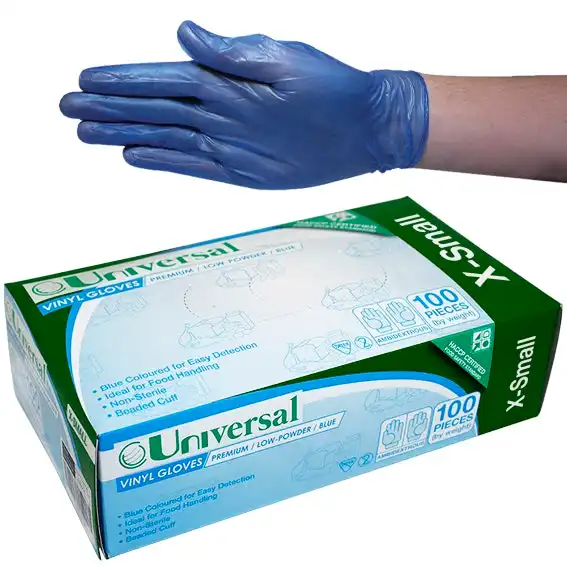 Universal Vinyl Low Powder Gloves 4.0g Extra Small Blue HACCP Grade 100 Box