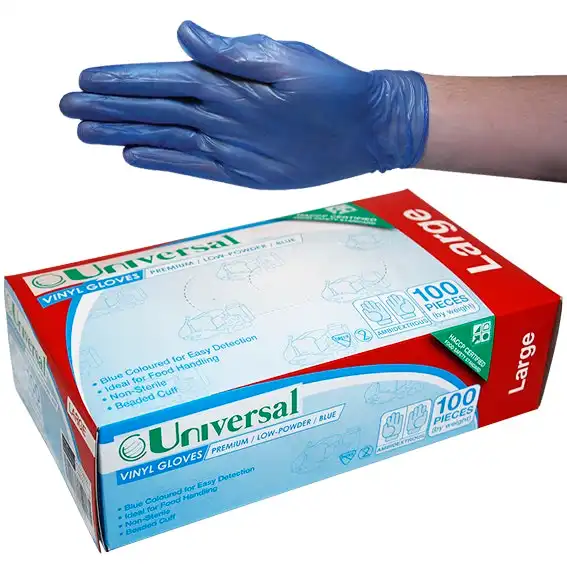 Universal Vinyl Low Powder Gloves 5.5g Large Blue HACCP Grade 100 Box