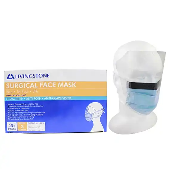 Livingstone Face Mask with Visor Level 3 Barrier with Foam Strip Tie Back Indigo 25 Box