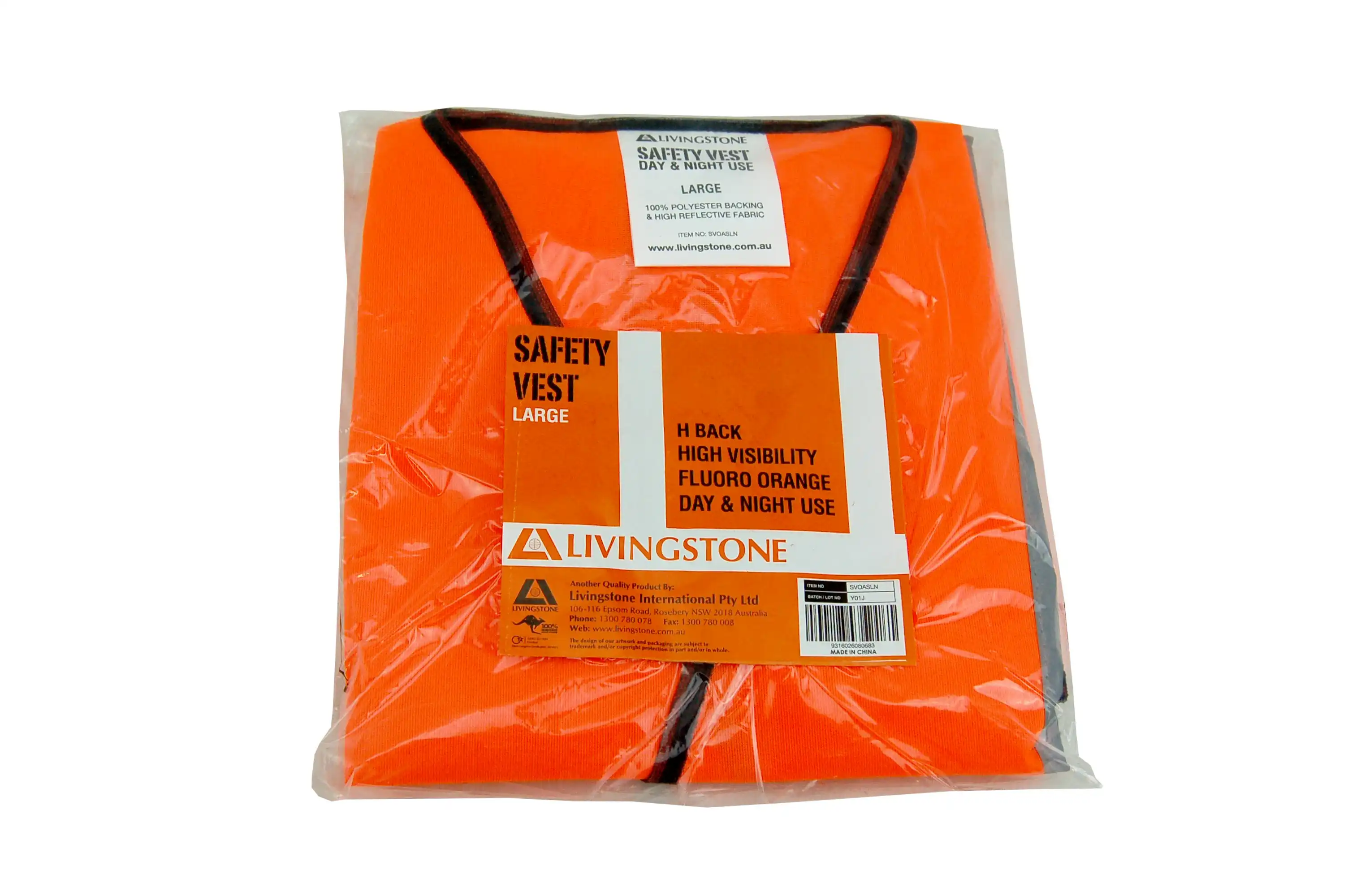 Livingstone High Visibility Safety Vest L H Back Reflective Pattern Orange Day/Night Use
