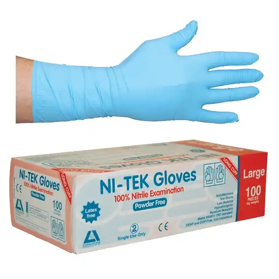 Ni-Tek Nitrile Powder Free Gloves Large Blue Long Cuff 300mm AS/NZ HACCP Grade 100 Box