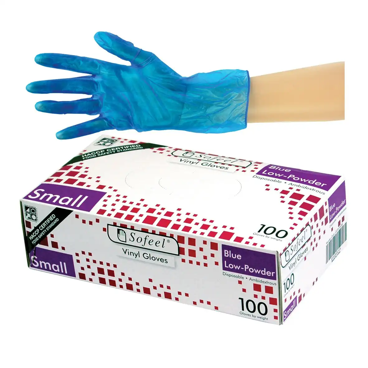 Sofeel Vinyl Low Powder Gloves 4.0g Small Blue HACCP Grade 100 Box