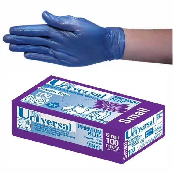Universal Vinyl Powder Free Gloves 4.5g Small Blue HACCP Grade 100 Box