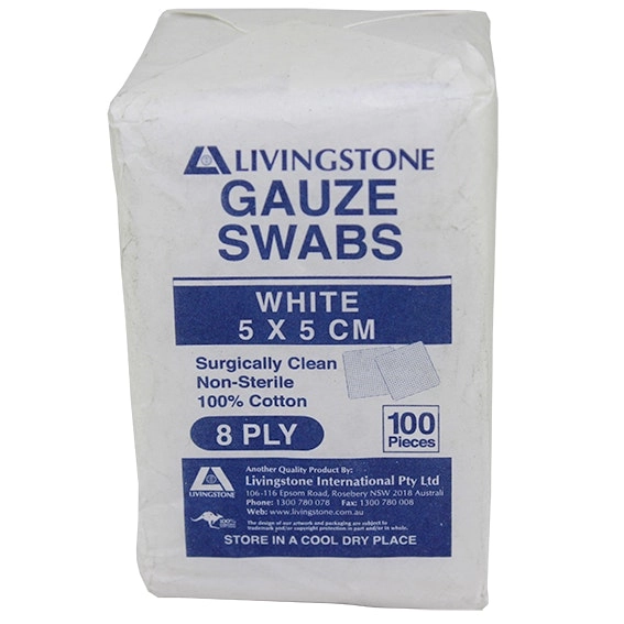 Livingstone Gauze Swabs 5 x 5 cm x 8 Ply Non-Sterile 100 Pack