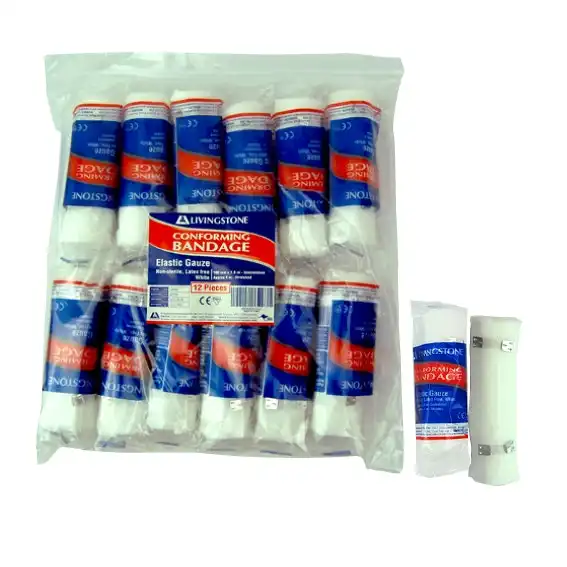 Livingstone Conforming Bandage with Clips 100mm x 4 Metres Stretched Length (1.5 Metres Unstretched) 12 Pack