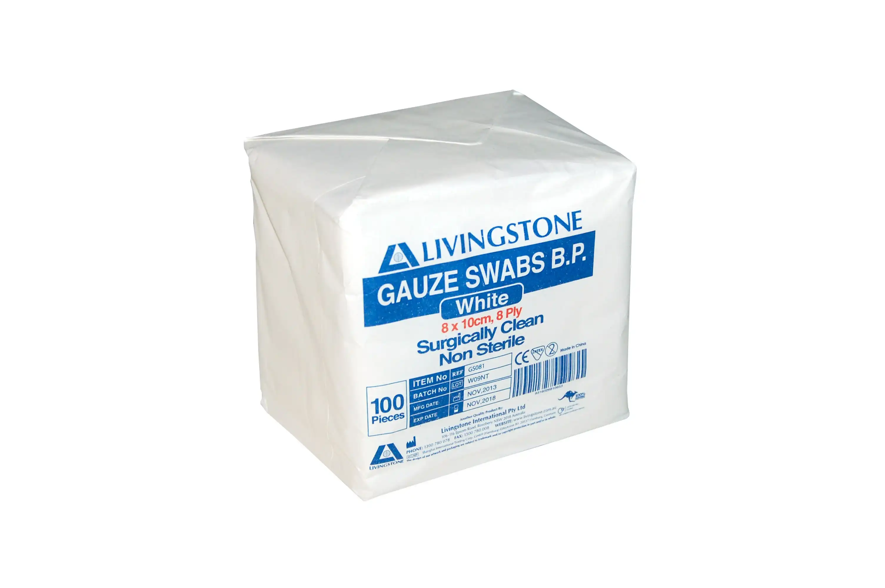 Livingstone Gauze Swabs 8 x 10 cm x 8 Ply Non-Sterile 100 Pack
