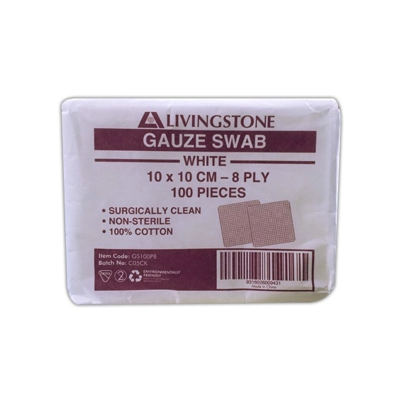 Livingstone Gauze Swabs 10 x 10 cm x 8-Ply Non-Sterile 100 Pack