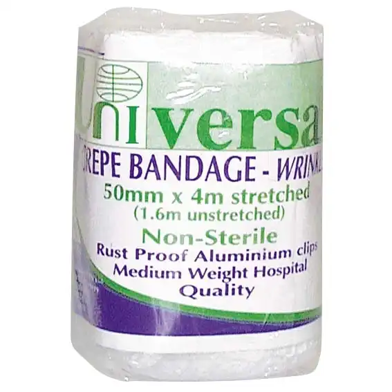 Universal Crepe Bandage Medium Weight 5cm x 1.6m Unstretched 4m Wrinkled 12 Pack
