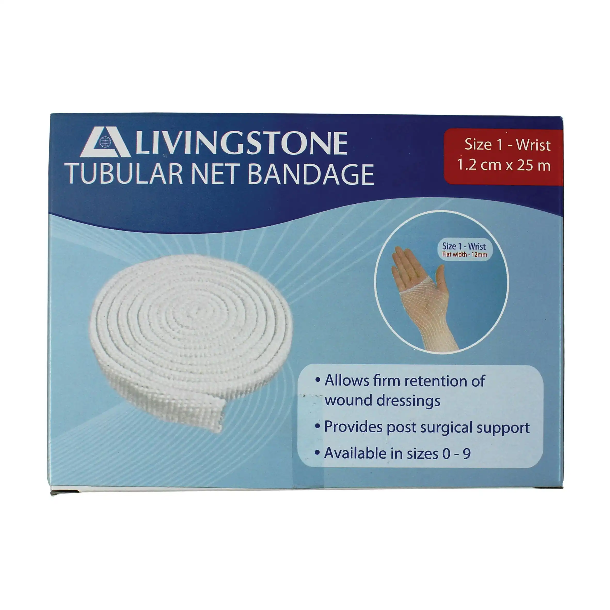 Livingstone Tubular Net Bandage Size B, No. 1, Wrist, Flat Width: 12mm, 7.5 metres (unstretched), 25 metres (stretched)/Bag x3