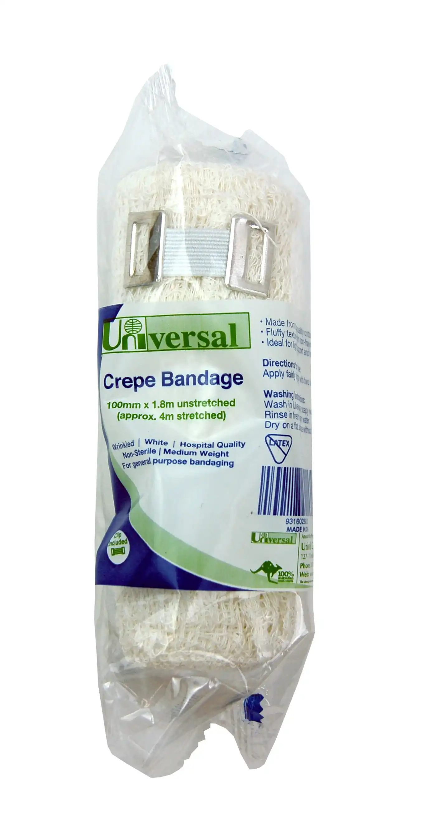 Universal Crepe Bandage Medium Weight 10cm x 1.8m Unstretched 4m Stretched Wrinkled