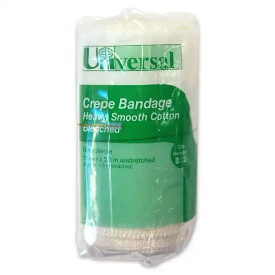 Universal Crepe Bandage 7.5cm x 2.3m Unstretched 4.5m Stretched Bleached White 12 Pack