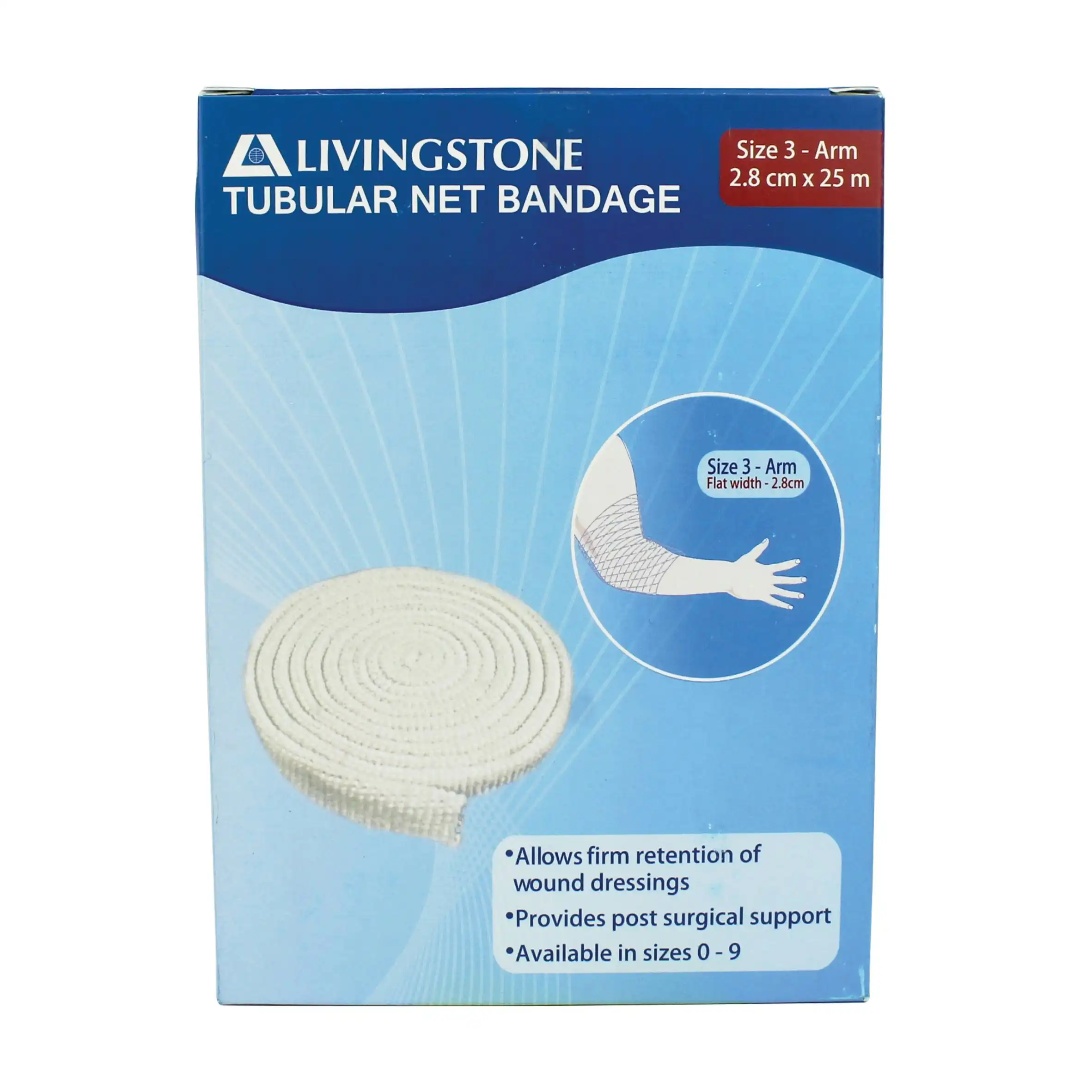 Livingstone Tubular Net Bandage Size D No. 3 Arm/Elbow Flat Width 28mm 7.5m (unstretched) 25m (stretched)