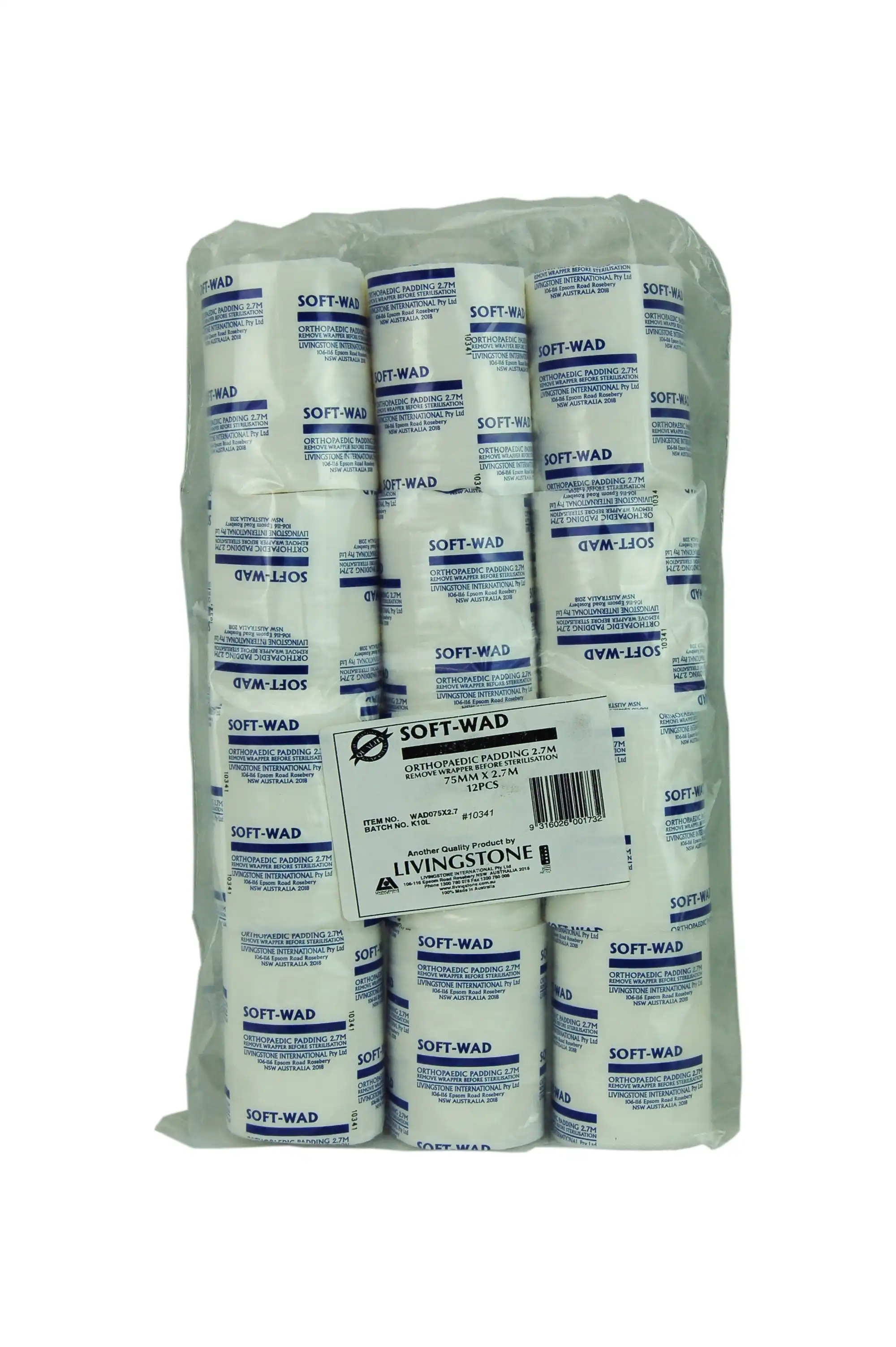 Livingstone Soft-Wad Orthopaedic Undercast Padding Bandage 7.5cm x 2.7m Natural White 12 Pack