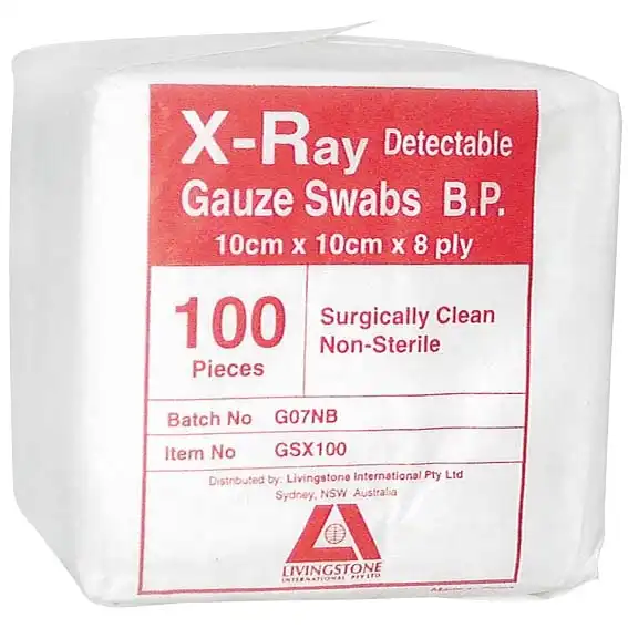 Livingstone Gauze Swabs 10 x 10 cm x 8 Ply X-Ray Detectable Non-Sterile 100 Pack