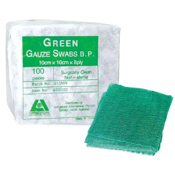 Livingstone Gauze Swabs 10 x 10 cm x 8 Ply Green Non-Sterile 100 Pack x20