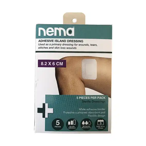 Nema Adhesive Island Dressing with Non-Adherent Pad Nonwoven 8.2 x 6cm Sterile 5 Pack