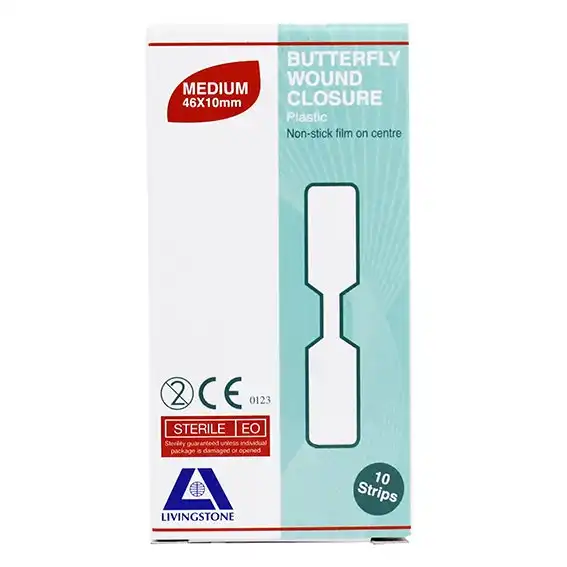 Livingstone Recyclable Sterile Plastic Butterfly Wound Closure with Non-stick Centre 46 x 10mm 10 Pack