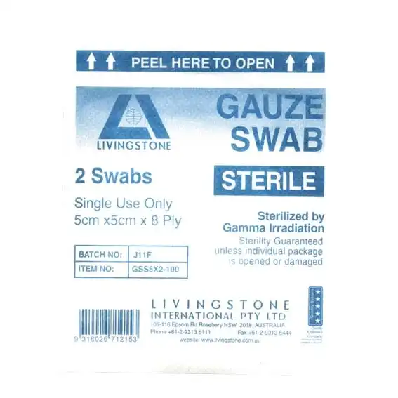 Livingstone Sterile Gauze Swabs 5 x 5 cm x 8 ply White 100 Box