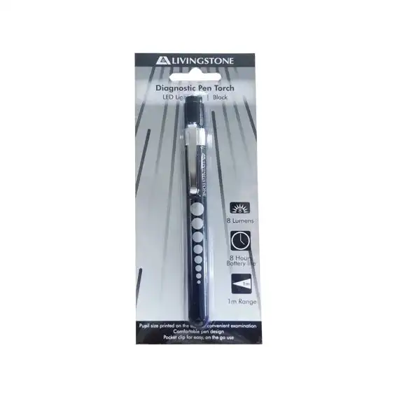 Livingstone Diagnostic Black Pen Torch, 2.2 Volts LED Light Bulb, 2 Pieces AAA-size Batteries Sold Separately, Each