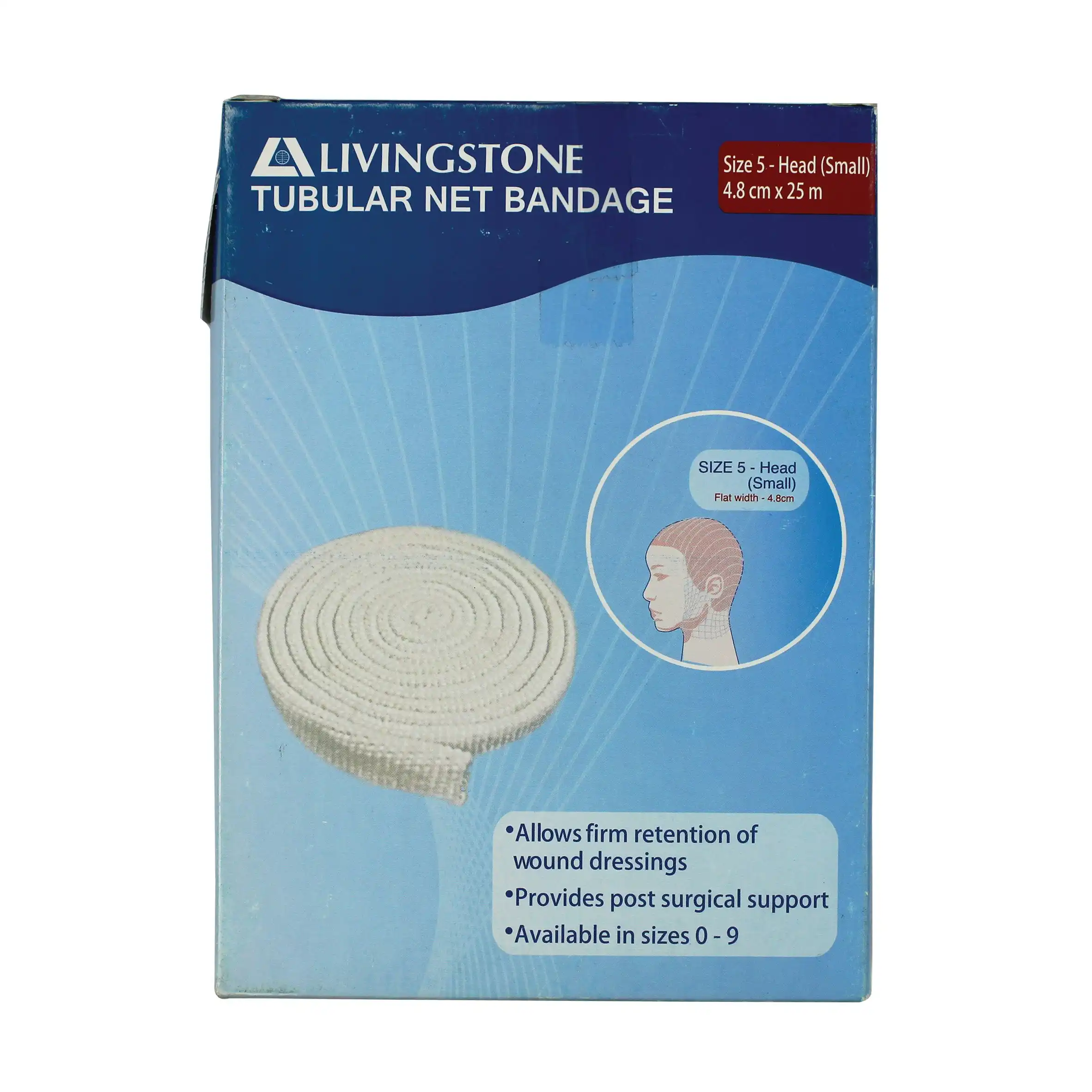 Livingstone Tubular Net Bandage Size F No. 5 Small Head Flat Width 48mm 7.5m (unstretched) 25m (stretched)