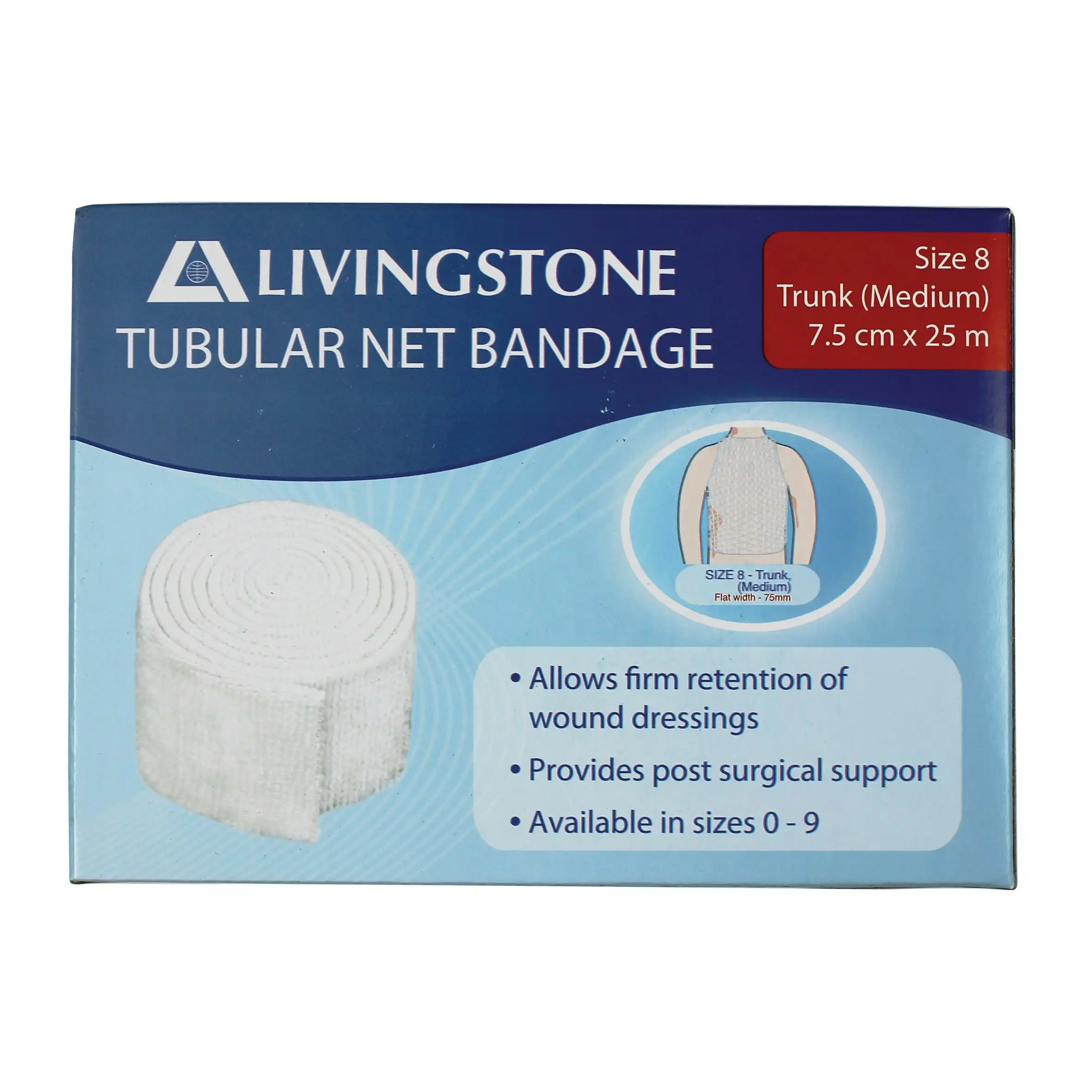 Livingstone Tubular Net Bandage Size K No. 8 Medium Trunk Flat Width 75mm 7.5m (unstretched) 25m (stretched)