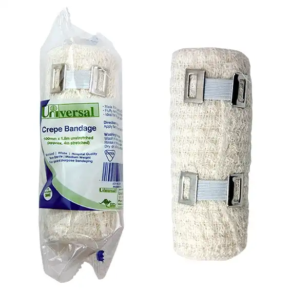 Universal Crepe Bandage Medium Weight 10cm x 1.8m Unstretched 4m Stretched Wrinkled 12 Pack
